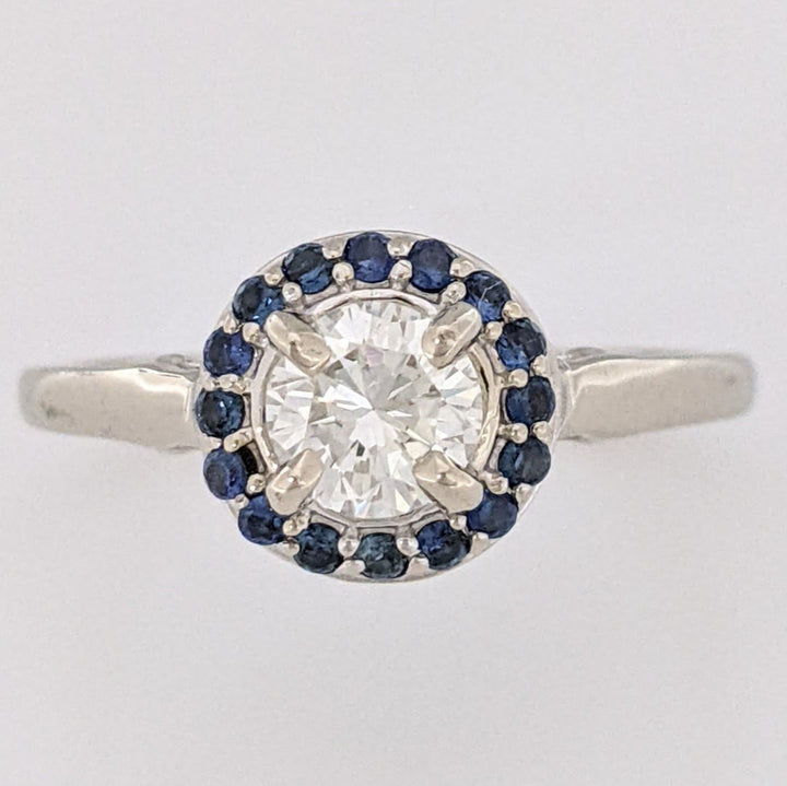 14K WHITE .71 CARAT TOTAL SI1 H DIAMOND ROUND WITH (16) ROUND SAPPHIRE HALO ESTATE RING 3.6 GRAMS