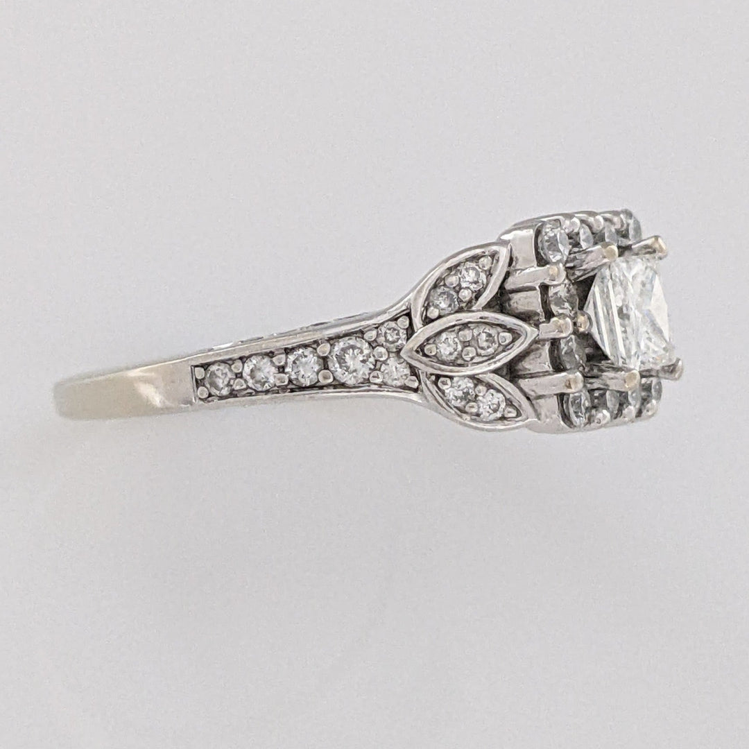 14K WHITE .91 CARAT TOTAL WEIGHT SI2 H DIAMOND PRINCESS CUT (1) ROUND (74) ESTATE HALO RING 5.2 GRAMS