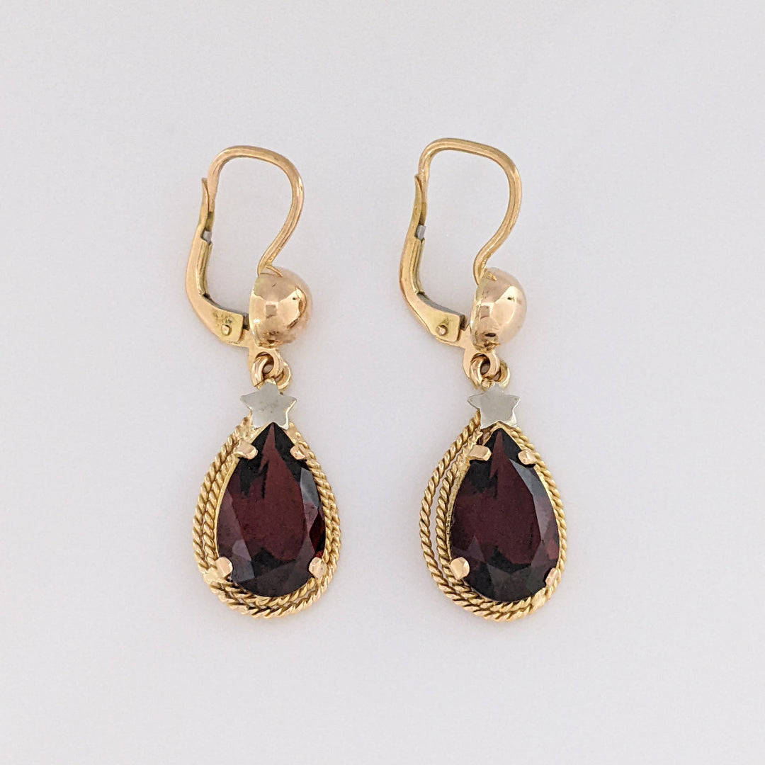 18K GARNET PEAR 8X18 WITH BEADED TRIM ESTATE EARRINGS 5.5 GRAMS