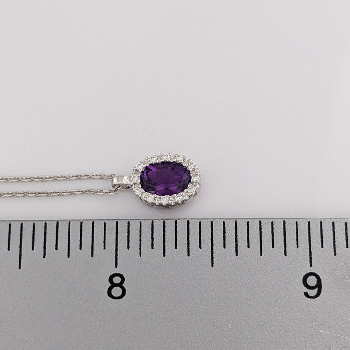 14K WHITE AMETHYST OVAL 5X7 WITH MELEE ESTATE HALO PENDANT & CHAIN 2.4 GRAMS
