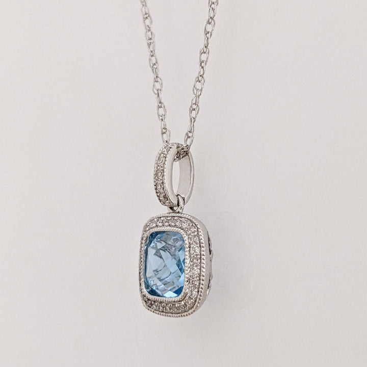 14K WHITE BLUE TOPAZ CUSHION CUT 6MM WITH MELEE BEAD TRIM ESTATE PENDANT & CHAIN 2.2 GRAMS