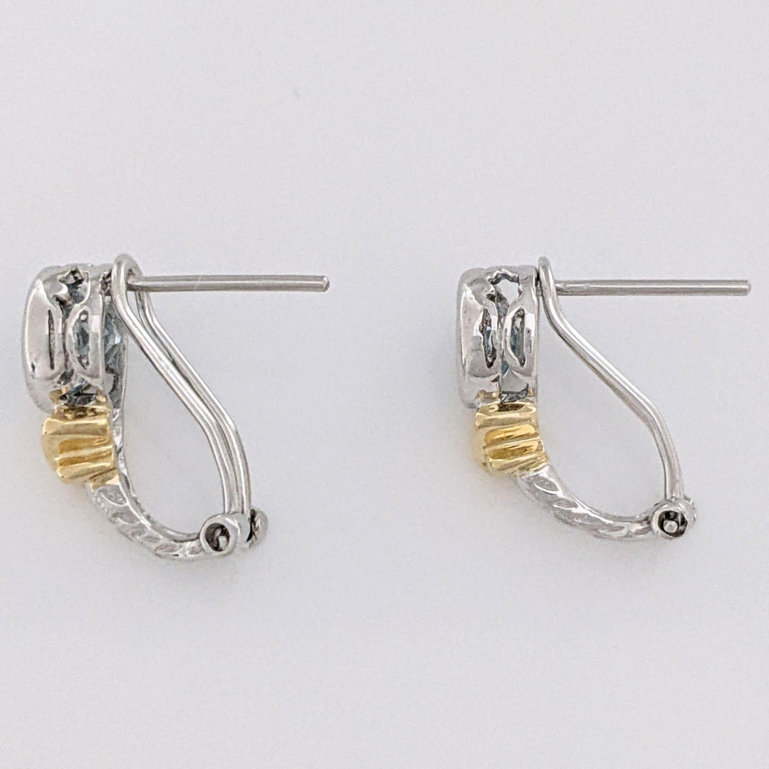 14K TWO-TONE AQUAMARINE ROUND 5.5MM BEZEL OMEGA ESTATE EARRINGS 3.2 GRAMS
