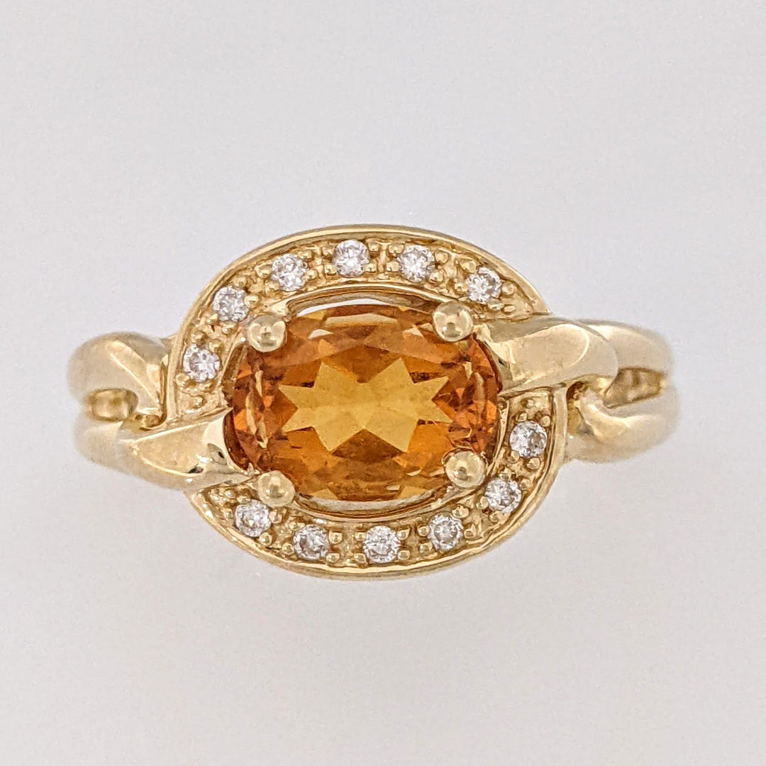 14K CITRINE OVAL 6X8 WITH (12) MELEE ESTATE RING 5.0 GRAMS