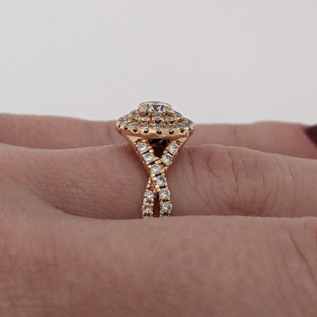 14K ROSE .95 CARAT TOTAL WEIGHT I1 I DIAMOND ROUND (61) DOUBLE HALO "NEIL LANE" ESTATE RING 4.7 GRAMS