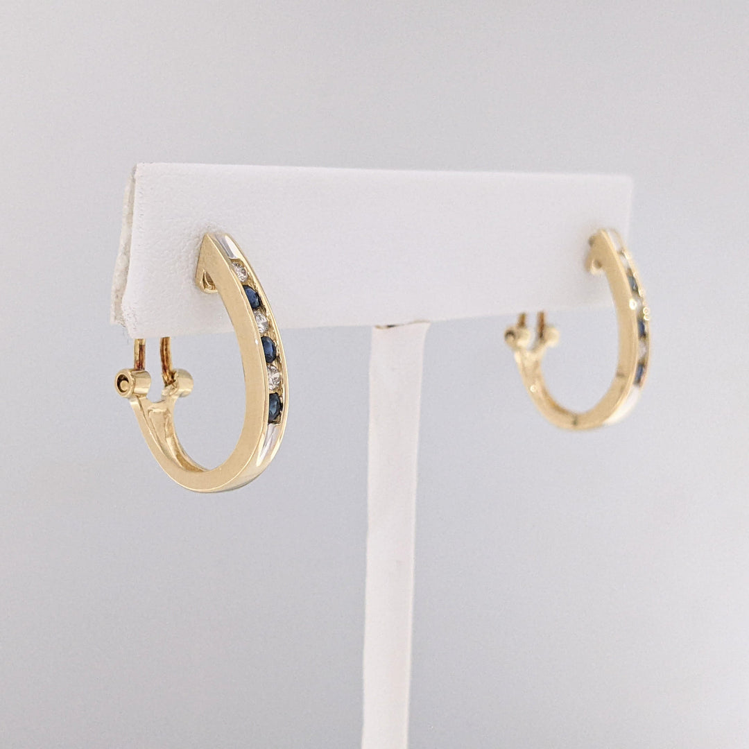 14K SAPPHIRE ROUND (6) DIAMOND ROUND (6) .18 DIAMOND TOTAL WEIGHT ESTATE CHANNEL HOOP EARRINGS 4.3 GRAMS