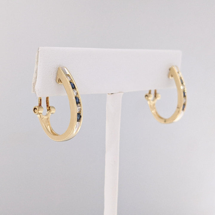 14K SAPPHIRE ROUND (6) DIAMOND ROUND (6) .18 DIAMOND TOTAL WEIGHT ESTATE CHANNEL HOOP EARRINGS 4.3 GRAMS