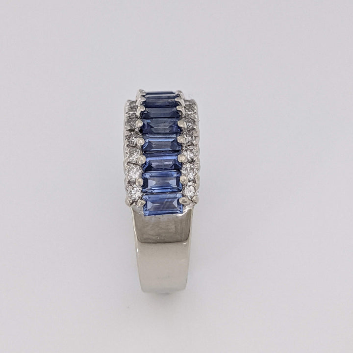 14K WHITE LAB-CREATED SAPPHIRE BAGUETTE (17) 2X4 WITH .48 DIAMOND TOTAL WEIGHT ESTATE BAND 7.2 GRAMS