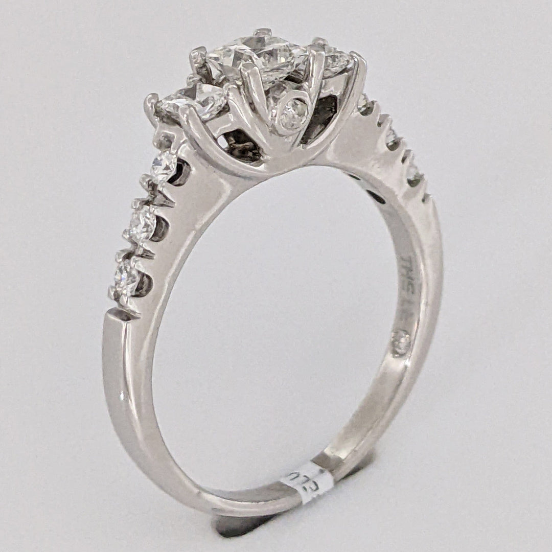 14K WHITE .97 CARAT TOTAL WEIGHT SI2 H DIAMOND PRINCESS CUT (3) ROUND (8) ESTATE HALO LEO RING 4.8 GRAMS