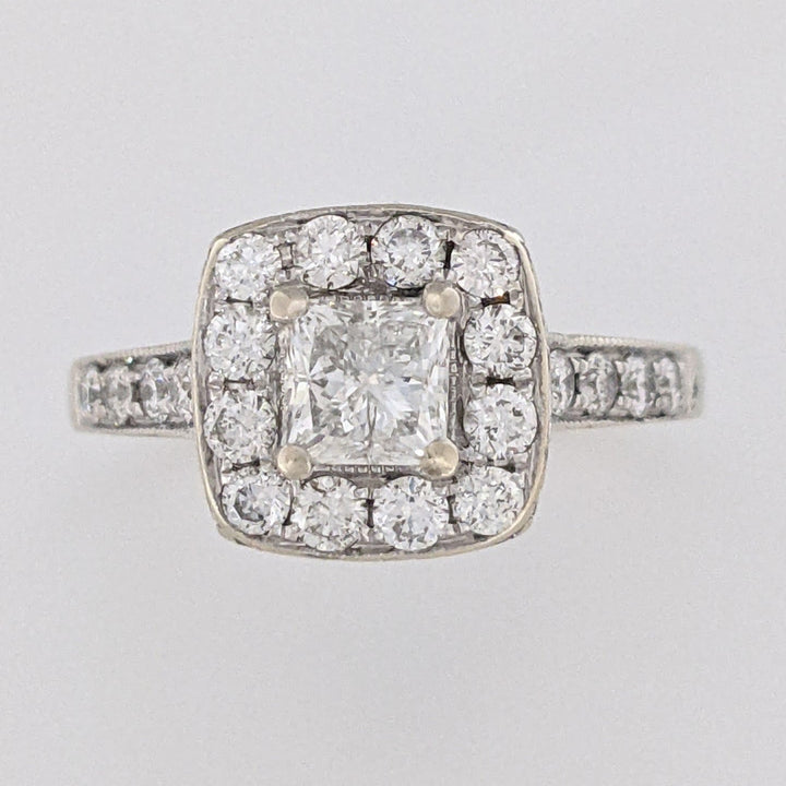 14K WHITE 1.43 CARAT TOTAL WEIGHT I1 I DIAMOND PRINCESS CUT (1) ROUND (21) ESTATE HALO RING 5.4 GRAMS