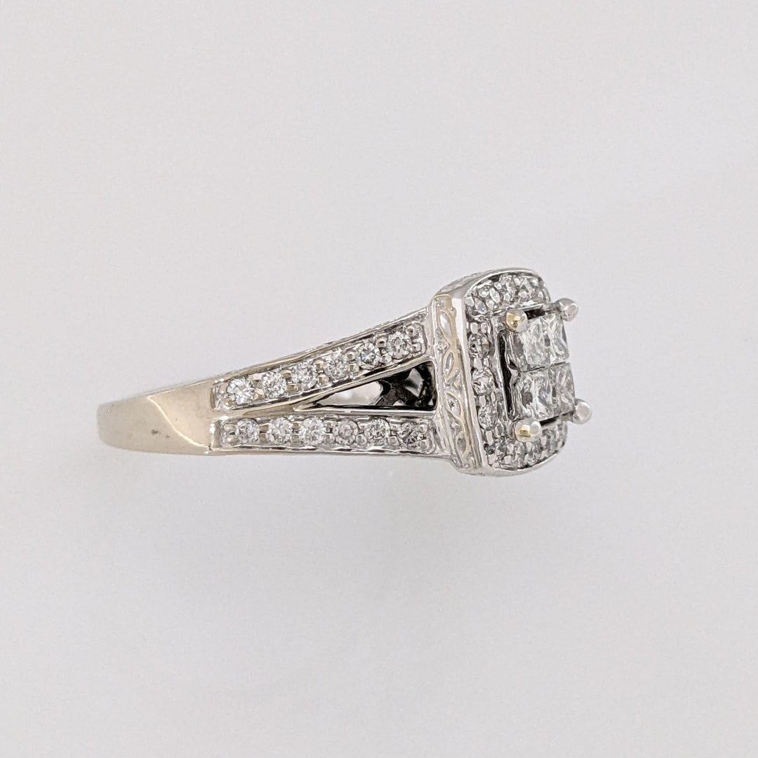 14K WHITE .83 CARAT TOTAL WEIGHT SI2 I DIAMOND PRINCESS CUT (4) ROUND (50) ESTATE HALO RING 4.5 GRAMS