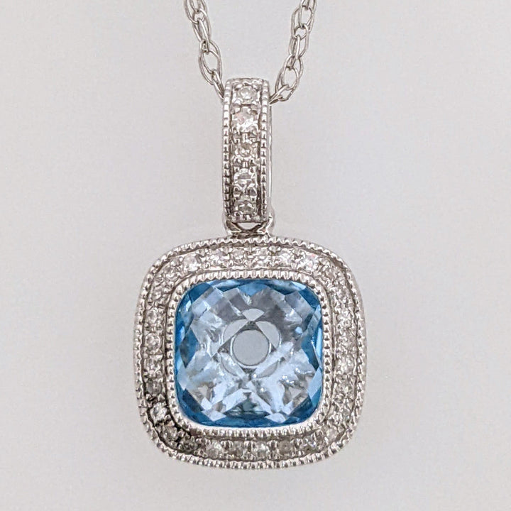 14K WHITE BLUE TOPAZ CUSHION CUT 6MM WITH MELEE BEAD TRIM ESTATE PENDANT & CHAIN 2.2 GRAMS