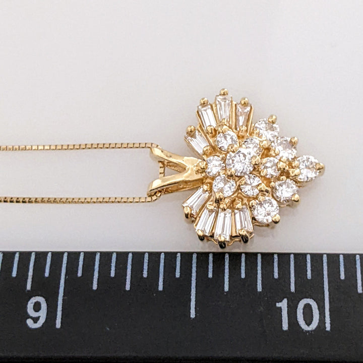 14K 1.00 CARAT TOTAL WEIGHT SI2 H DIAMOND ROUND (12) BAGUETTE (8) ESTATE HEART PENDANT & CHAIN 4.3 GRAMS