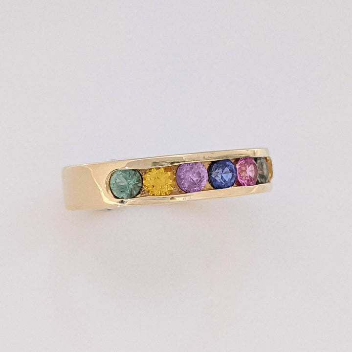 14K SAPPHIRE ROUND (10) MULTI- COLORED ESTATE CHANNEL BAND 6.5 GRAMS