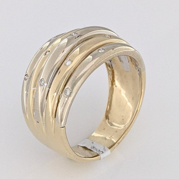 14K TWO-TONE DIAMOND ROUND (13) BEAD SET MELEE ESTATE SHRIMP RING 7.3 GRAMS