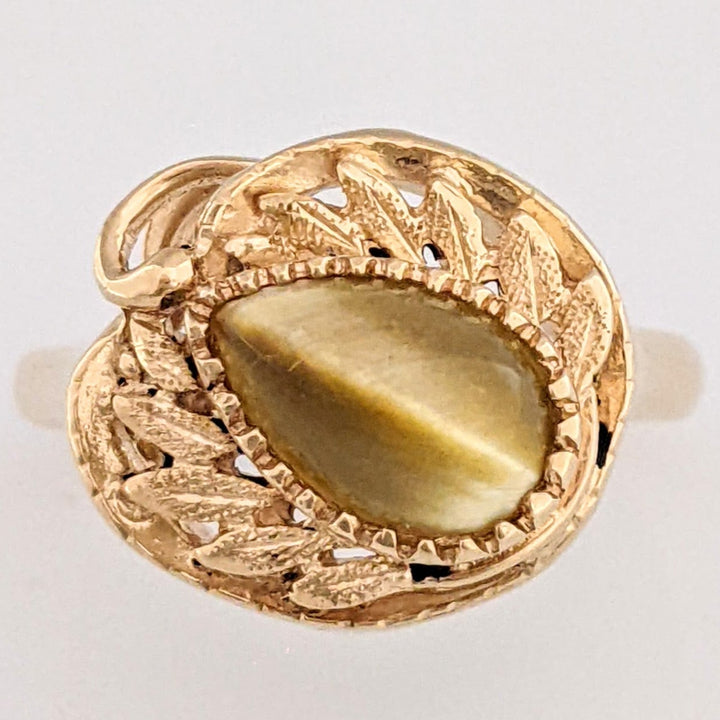 10K TIGER EYE PEAR 5X8 WITH LEAF TRIM ESTATE RING 3.8 GRAMS