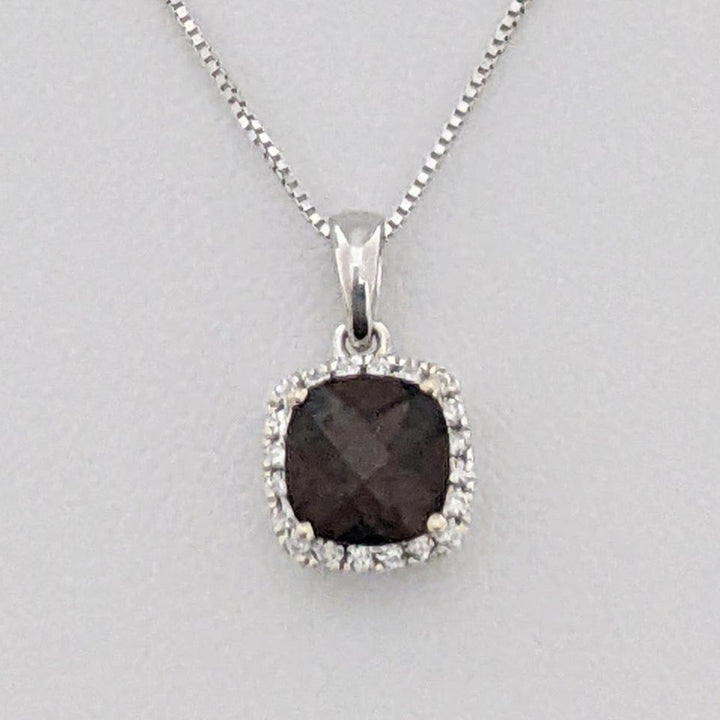 14K WHITE SMOKEY TOPAZ CUSHION CUT 6MM HALO ESTATE PENDANT & CHAIN 1.9 GRAMS