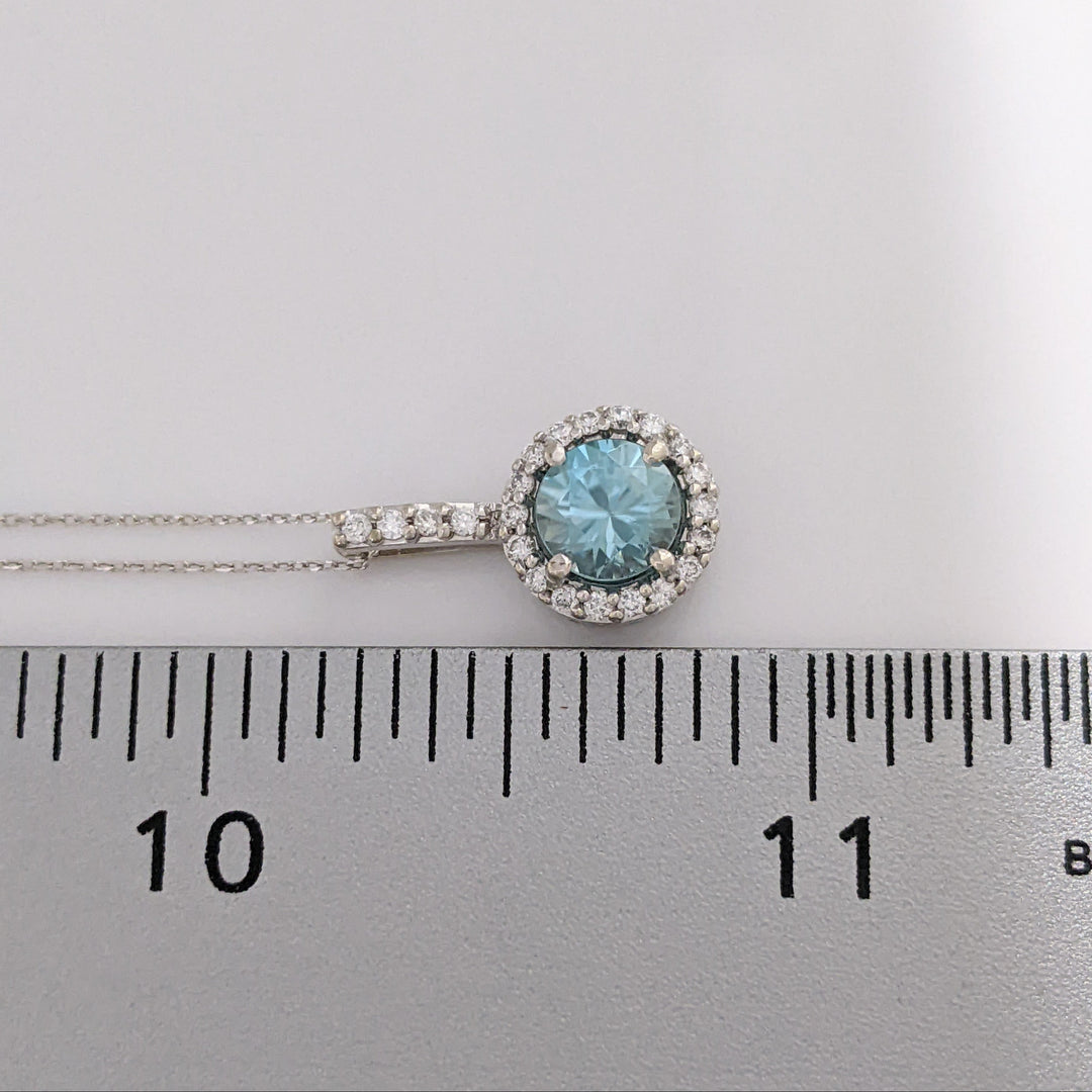 14K WHITE BLUE TOPAZ ROUND 6MM WITH .22 DIAMOND TOTAL WEIGHT ESTATE HALO PENDANT & CHAIN 2.1 GRAMS