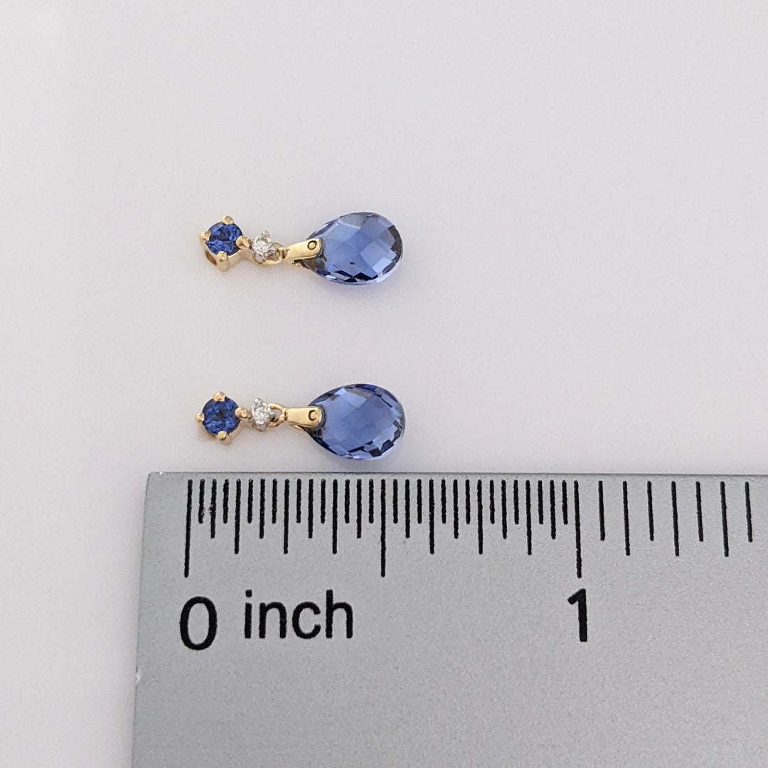 14K LAB-CREATED SAPPHIRE PEAR (2) ROUND (2) WITH (2) MELEE ESTATE DANGLE EARRINGS 1.4 GRAMS