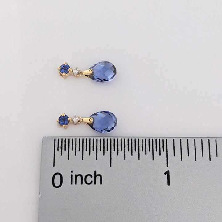 14K LAB-CREATED SAPPHIRE PEAR (2) ROUND (2) WITH (2) MELEE ESTATE DANGLE EARRINGS 1.4 GRAMS