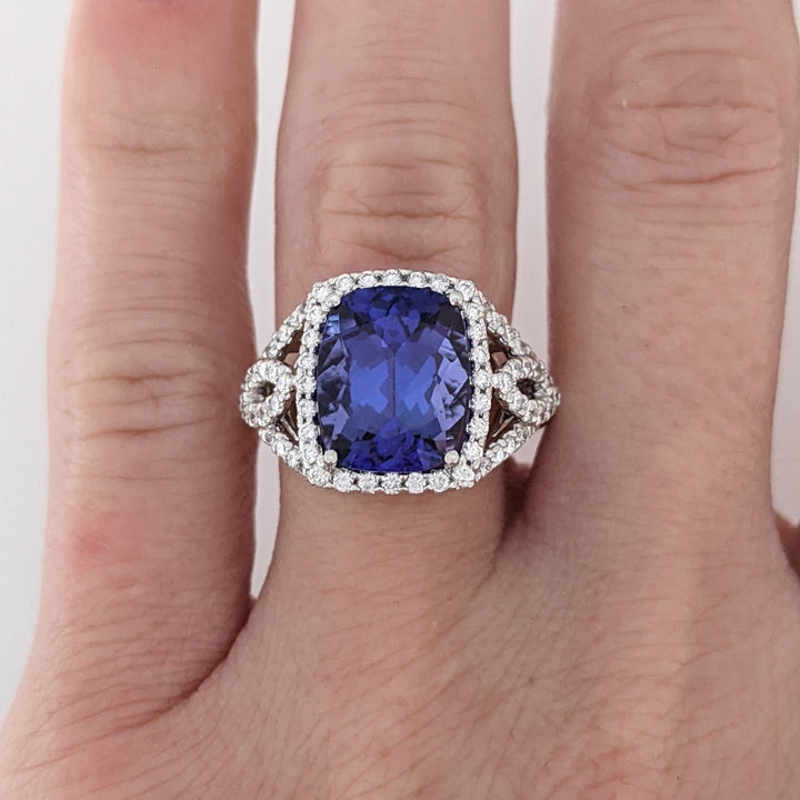 14K WHITE TANZANITE "AA" CUSHION CUT 9X11 WITH .52 DIAMOND TOTAL WEIGHT ESTATE RING 5.3 GRAMS