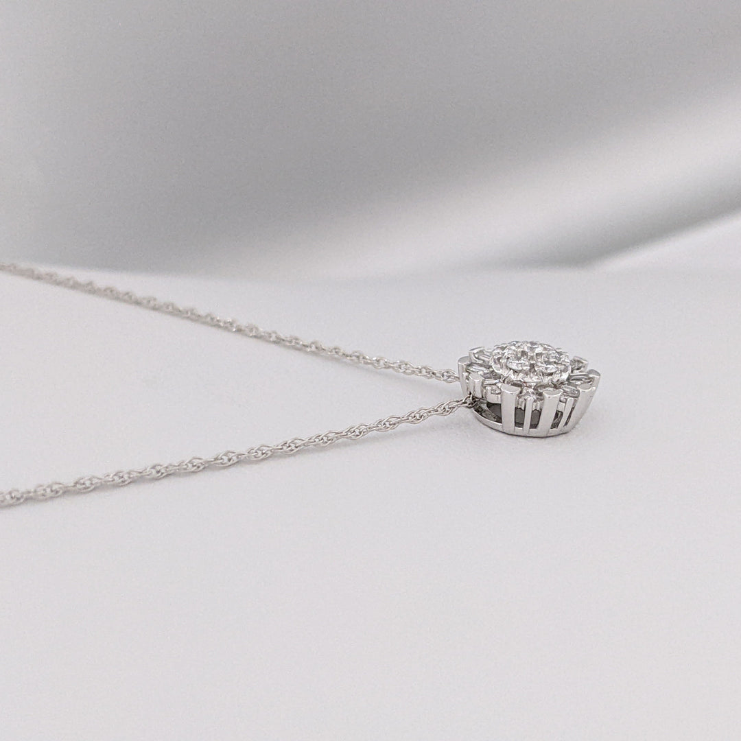 14K WHITE .25 CARAT TOTAL WEIGHT I-J DIAMOND ROUND AND BAGUETTE ESTATE CLUSTER PENDANT & CHAIN 2.1 GRAMS