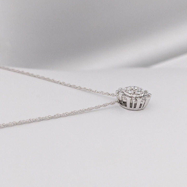 14K WHITE .25 CARAT TOTAL WEIGHT I-J DIAMOND ROUND AND BAGUETTE ESTATE CLUSTER PENDANT & CHAIN 2.1 GRAMS