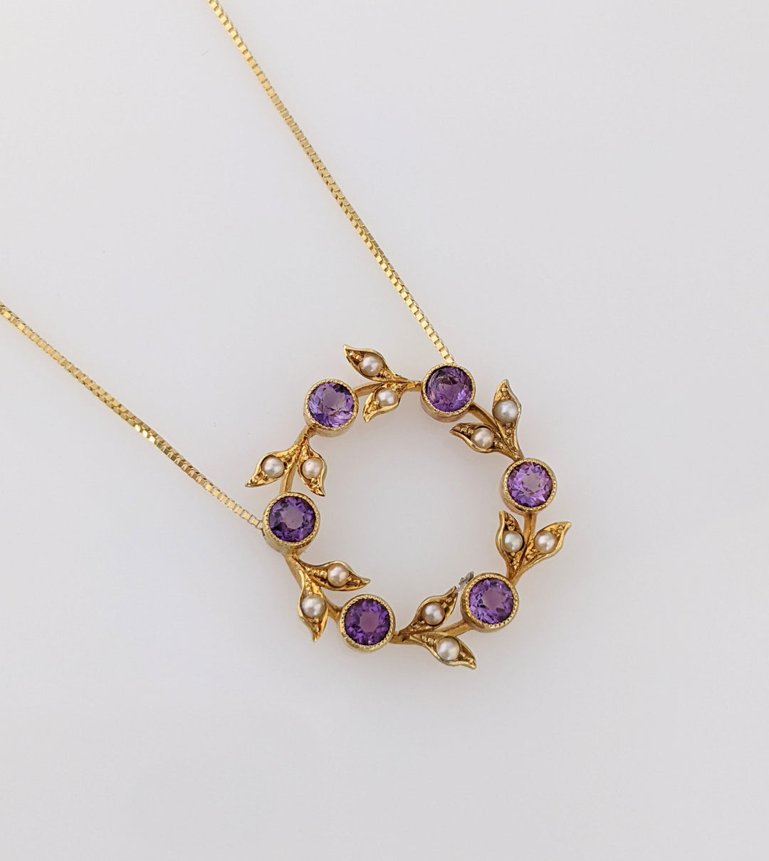 14K AMETHYST ROUND 4MM (6) WITH TWELVE 2MM PEARLS ESTATE PENDANT AND CHAIN 5.7 GRAMS
