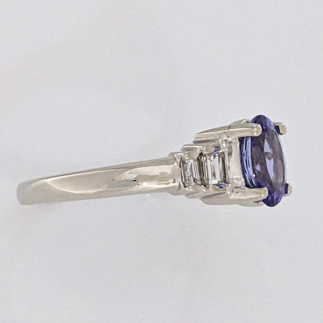 14K WHITE TANZANITE OVAL 5X7 WITH .18 DIAMOND TOTAL WEIGHT (4) EMERALD CUT ESTATE RING 2.2 GRAMS
