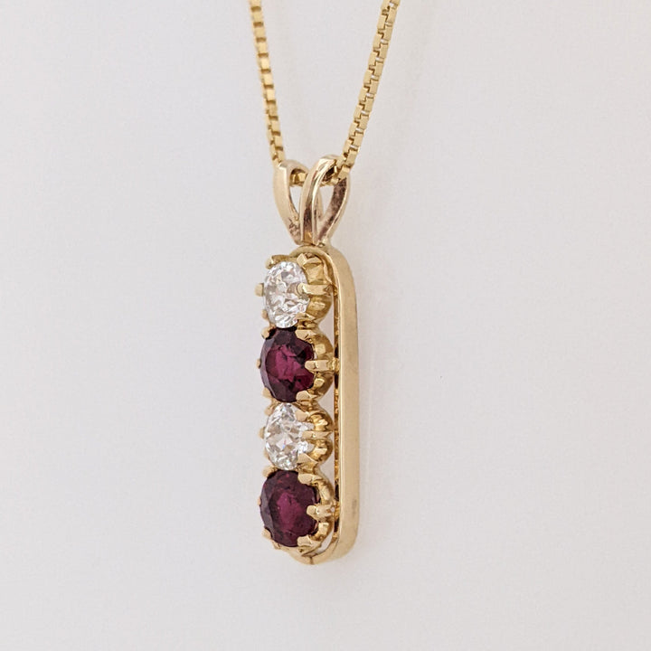 14K RUBY ROUND 4.5MM (2) DIAMOND ROUND (2) .46DTW ESTATE PENDANT & CHAIN 4.3 GRAMS