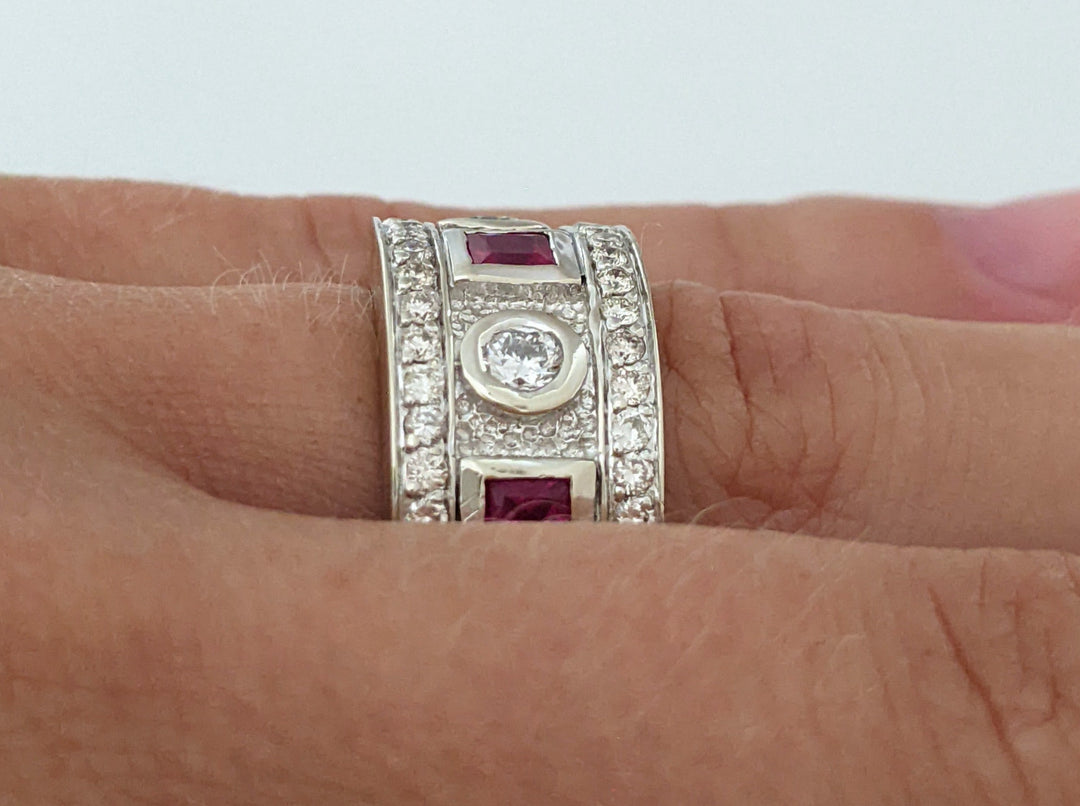 14K WHITE RUBY PRINCESS CUT (3) 3.5MM WITH .90 DIAMOND TOTAL WEIGHT ESTATE BAND 8.9 GRAMS