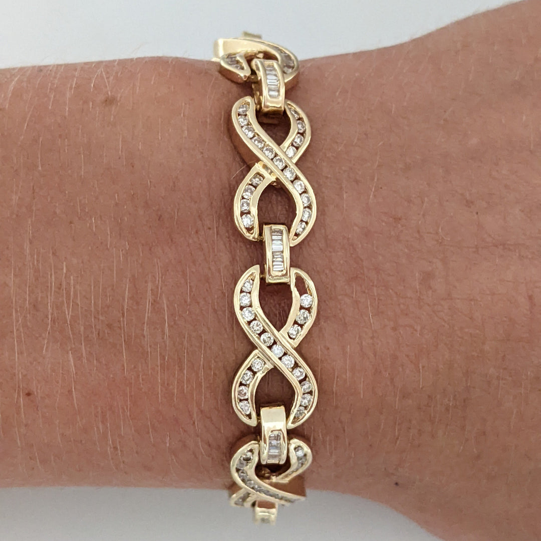 14K 2.13 CARAT TOTAL WEIGHT SI2 I DIAMOND ROUND/ BAGUETTE (213) ESTATE INFINITY BRACELET 16.1 GRAMS