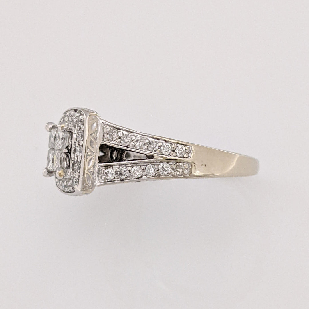 14K WHITE .83 CARAT TOTAL WEIGHT SI2 I DIAMOND PRINCESS CUT (4) ROUND (50) ESTATE HALO RING 4.5 GRAMS