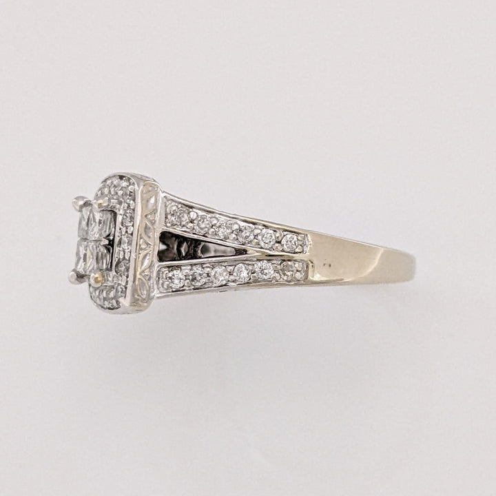 14K WHITE .83 CARAT TOTAL WEIGHT SI2 I DIAMOND PRINCESS CUT (4) ROUND (50) ESTATE HALO RING 4.5 GRAMS