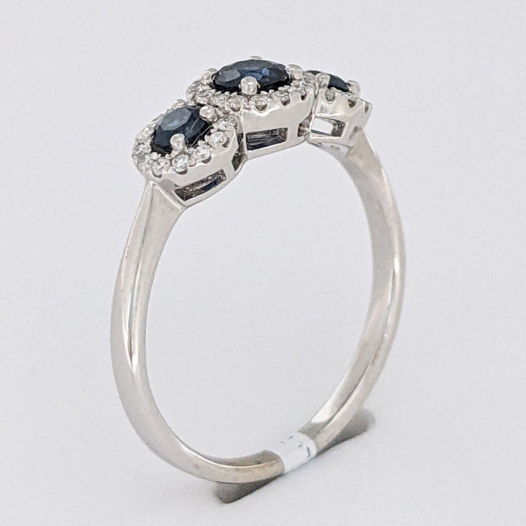 14K WHITE SAPPHIRE ROUND (3) 3-4MM WITH .28 DIAMOND TOTAL WEIGHT ESTATE HALO TRINITY RING 2.9 GRAMS