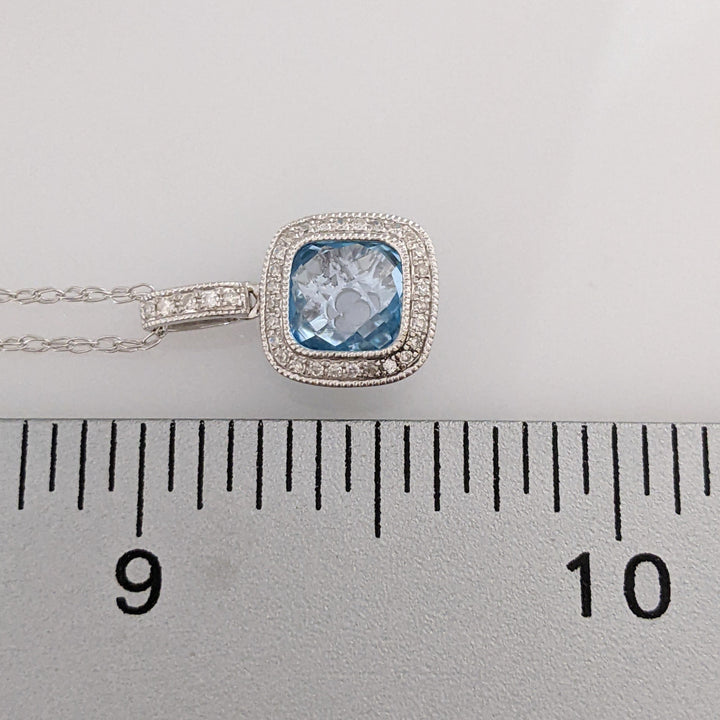 14K WHITE BLUE TOPAZ CUSHION CUT 6MM WITH MELEE BEAD TRIM ESTATE PENDANT & CHAIN 2.2 GRAMS