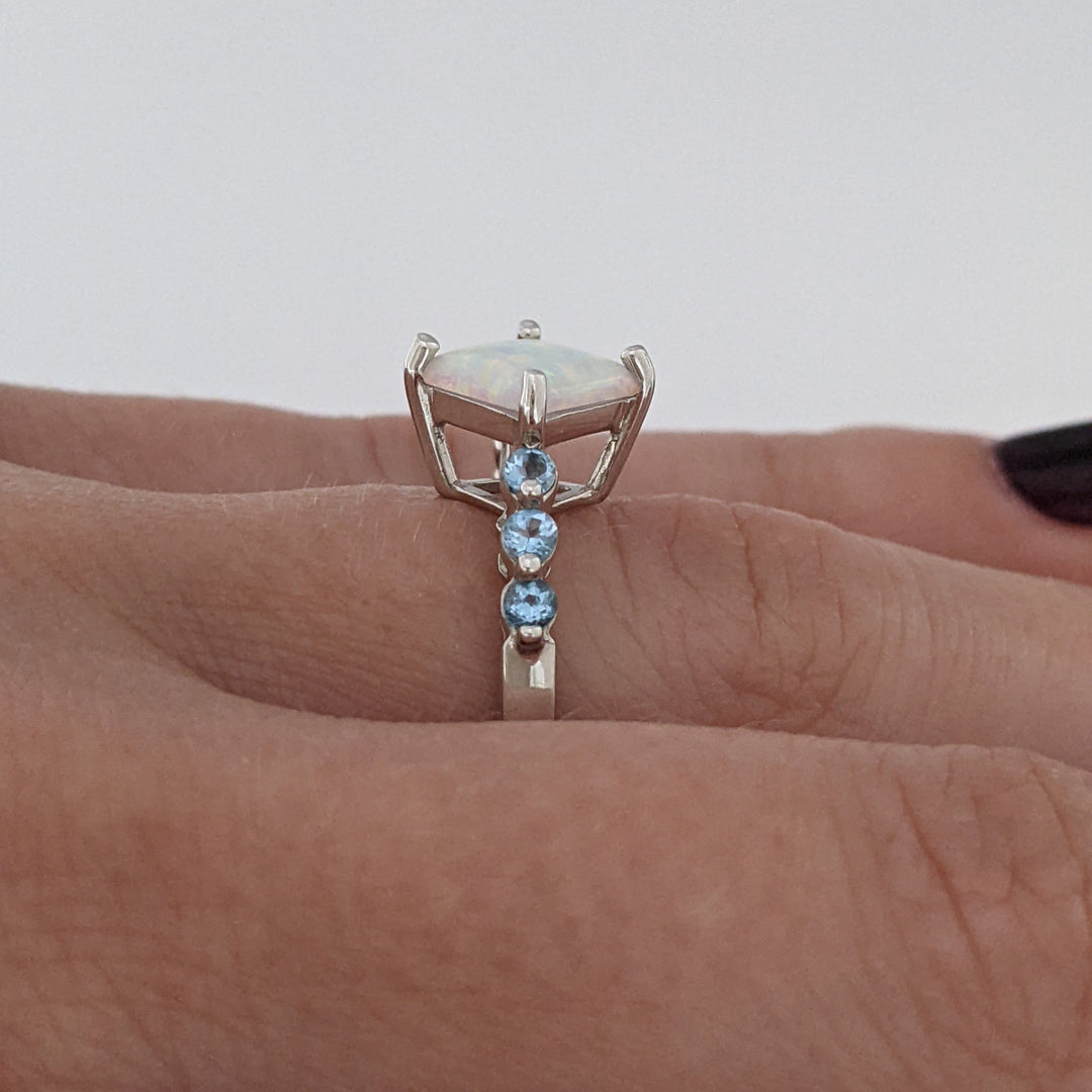 10K WHITE OPAL PRINCESS CUT 6.5MM (3) WITH BLUE TOPAZ ROUND (15) ESTATE RING & EARRING SET 4.3 GRAMS