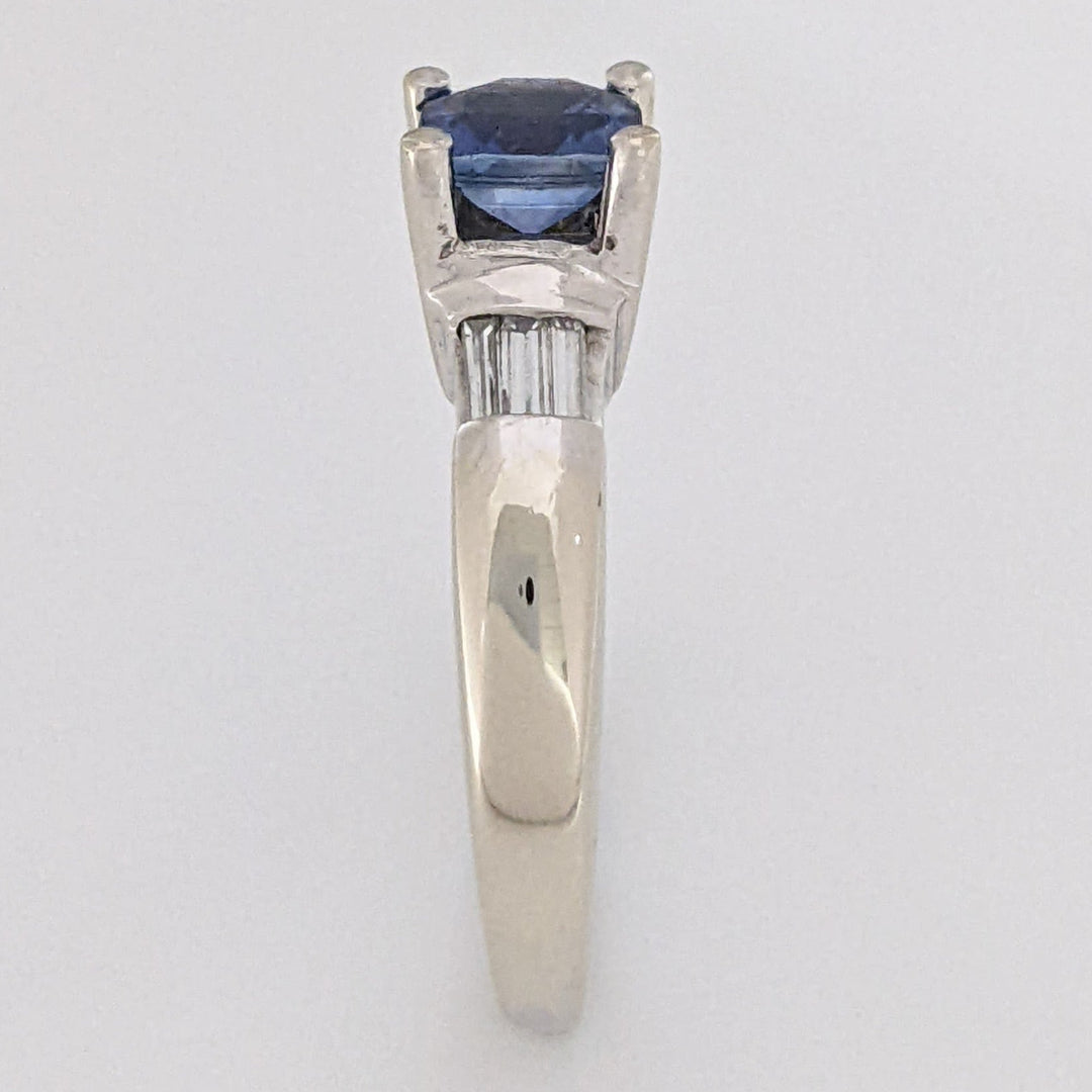 14K WHITE CEYLON SAPPHIRE 5.5MM CUSHION WITH .20 DIAMOND TOTAL WEIGHT BAGUETTE (6) ESTATE RING 4.7 GRAMS
