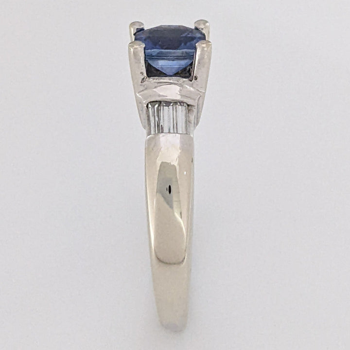 14K WHITE CEYLON SAPPHIRE 5.5MM CUSHION WITH .20 DIAMOND TOTAL WEIGHT BAGUETTE (6) ESTATE RING 4.7 GRAMS