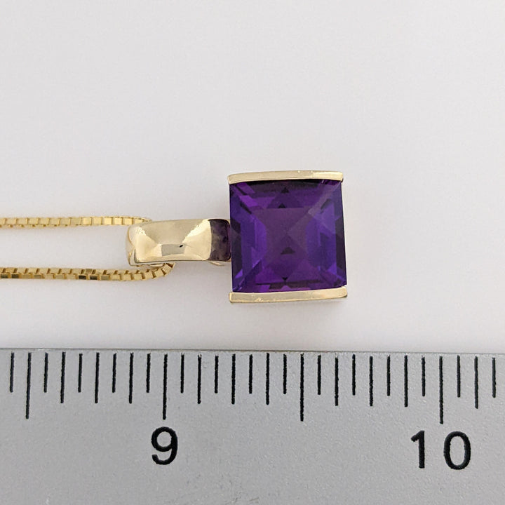 14K AMETHYST PRINCESS CUT 10MM BAR SET ESTATE PENDANT & CHAIN 8.1 GRAMS