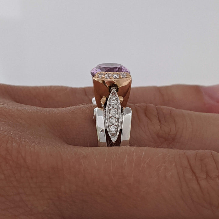 14K TWO-TONE KUNZITE OVAL 9X11 WITH .36 DIAMOND TOTAL WEIGHT (24) ROUND ESTATE RING 10.3 GRAMS