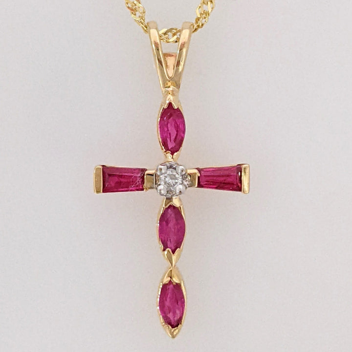 14K RUBY MARQUISE (3) BAGUETTE (2) ESTATE CROSS & CHAIN 1.9 GRAMS