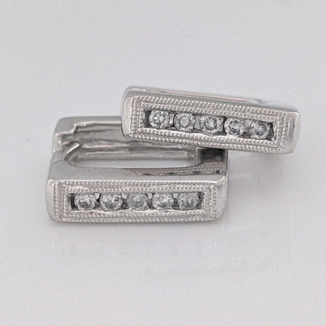 10K WHITE .15 CARAT TOTAL WEIGHT (10) ROUND SQUARE HOOP ESTATE EARRINGS 3.9 GRAMS