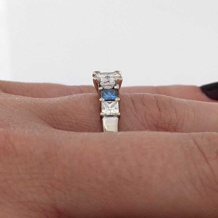 14K WHITE 1.02 CARAT TOTAL I1 H DIAMOND PRINCESS CUT WITH (2) BLUE (2) WHITE ESTATE RING