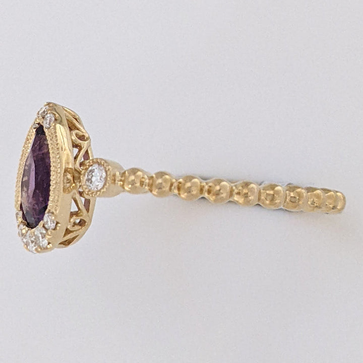 14K AMETHYST PEAR 5X7 WITH .13 DIAMOND TOTAL WEIGHT (10) ROUND BEAD SHANK ESTATE RING 2.0 GRAMS