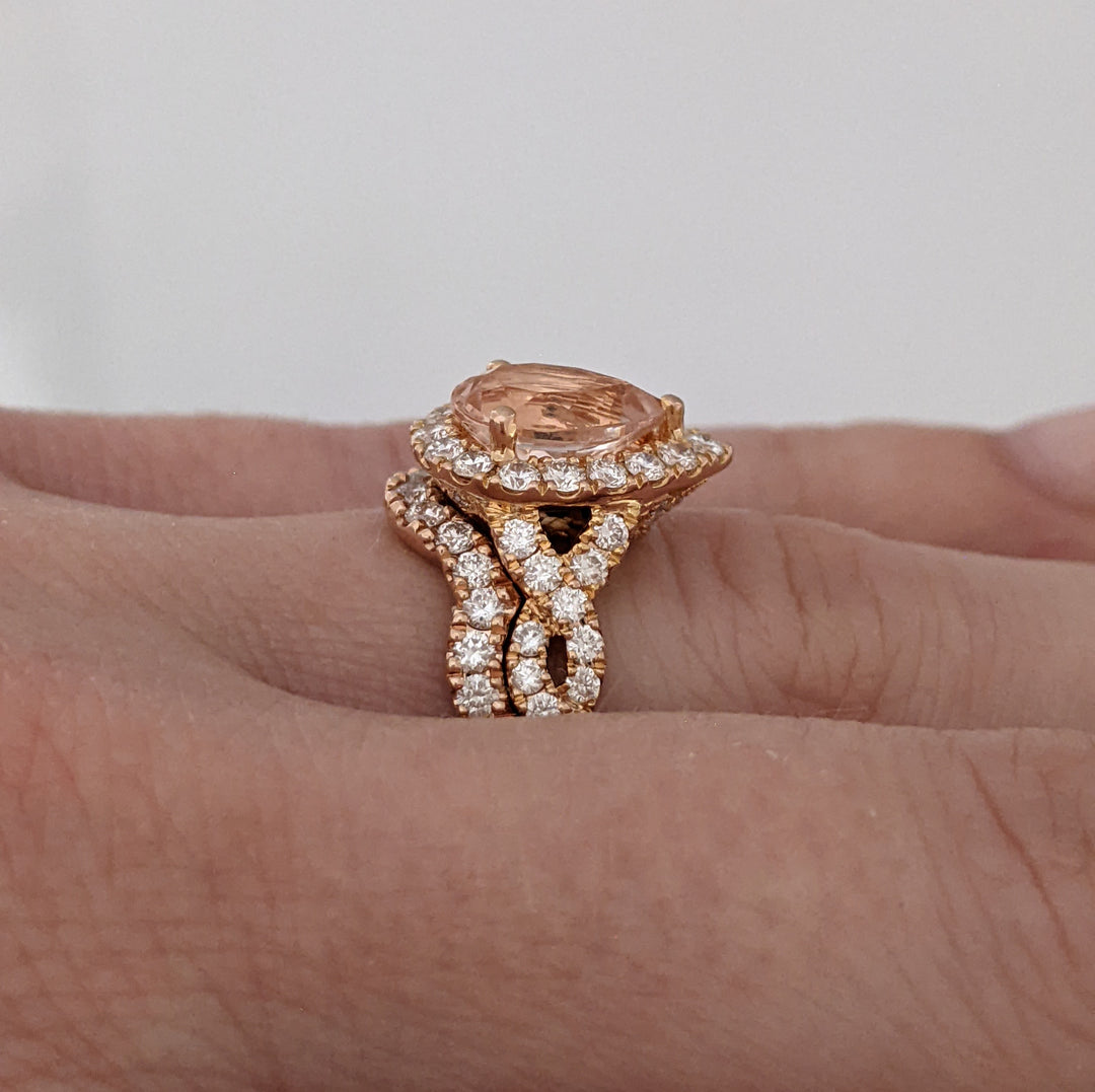 14K ROSE MORGANITE PEAR 9X6.4 WITH 1.30 DIAMOND TOTAL WEIGHT ESTATE RING/BAND SET 7.1 GRAMS