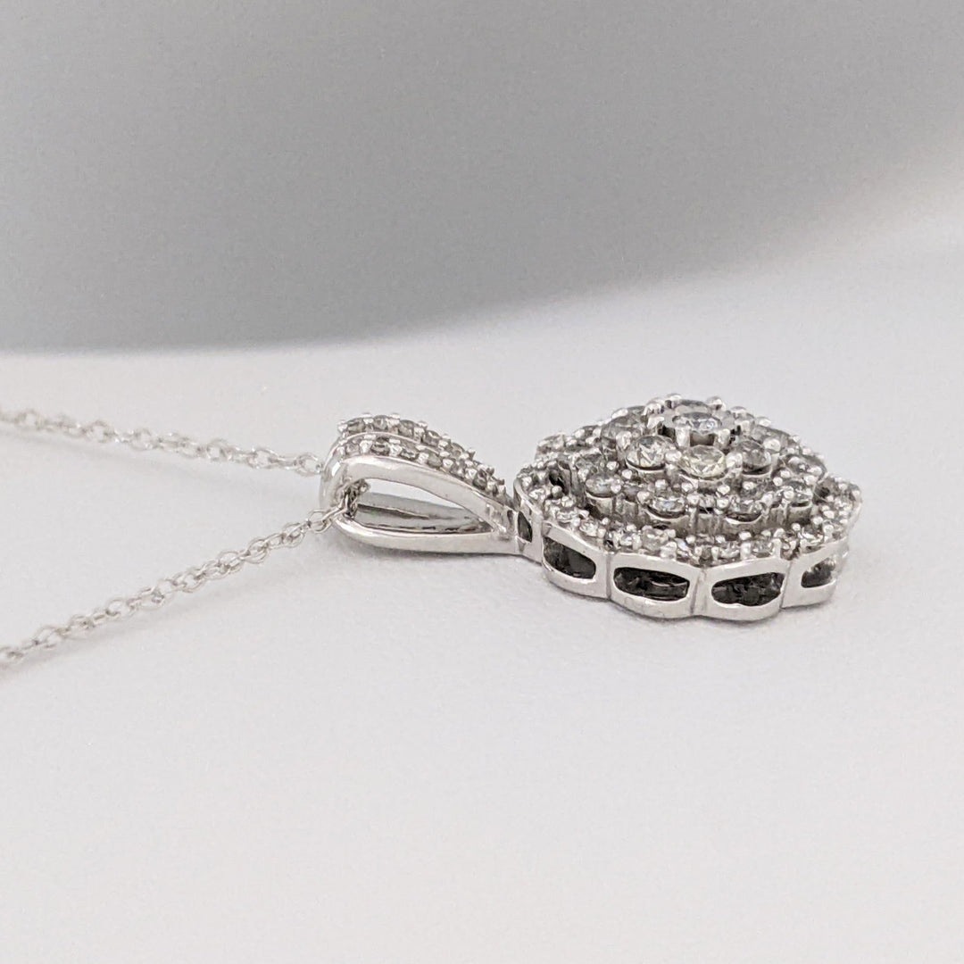 10K WHITE .64 CARAT TOTAL WEIGHT I1 J DIAMOND ROUND (82) ESTATE CLUSTER PENDANT &amp; CHAIN 2.8 GRAMS