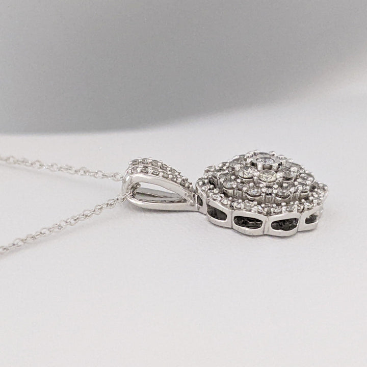 10K WHITE .64 CARAT TOTAL WEIGHT I1 J DIAMOND ROUND (82) ESTATE CLUSTER PENDANT &amp; CHAIN 2.8 GRAMS