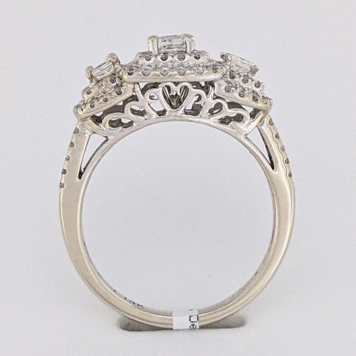 14K WHITE .95 CARAT TOTAL WEIGHT SI2 H DIAMOND PRINCESS CUT (3) ROUND (89) TRINITY HALO ESTATE RING 4.5 GRAMS