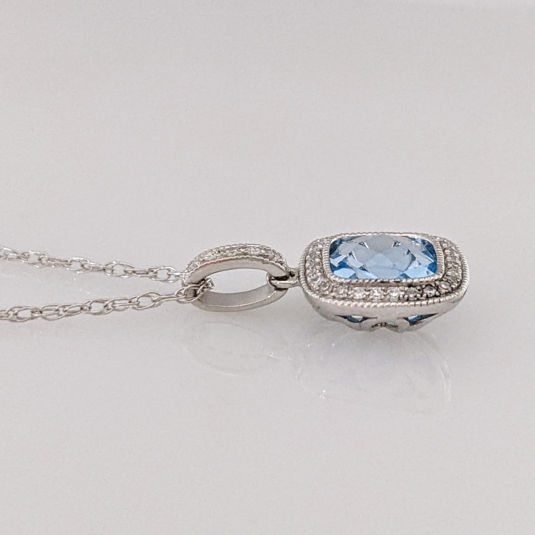 14K WHITE BLUE TOPAZ CUSHION CUT 6MM WITH MELEE BEAD TRIM ESTATE PENDANT & CHAIN 2.2 GRAMS