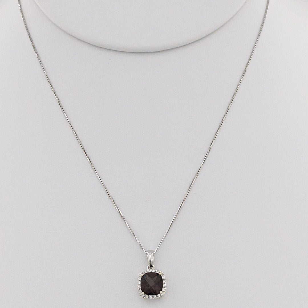 14K WHITE SMOKEY TOPAZ CUSHION CUT 6MM HALO ESTATE PENDANT & CHAIN 1.9 GRAMS